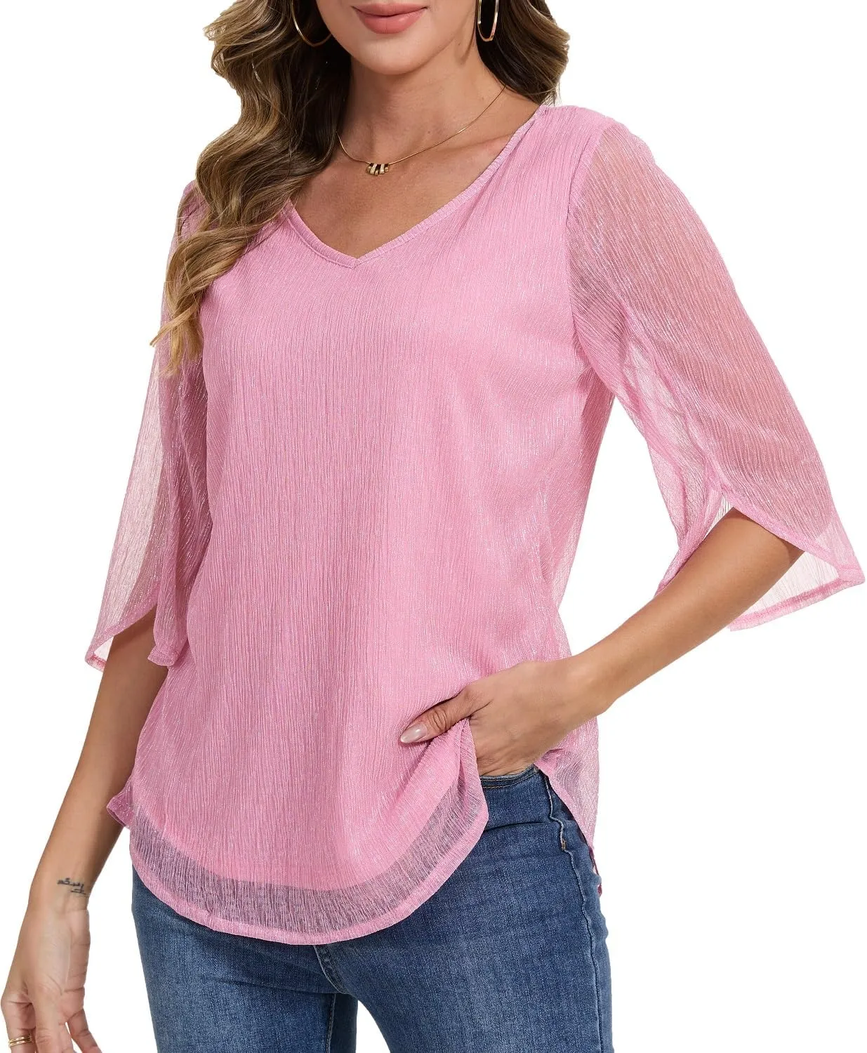 Women's 3/4 Sleeve Glitter Blouses Dressy Sparkly Double Layers Mesh Tunic Tops