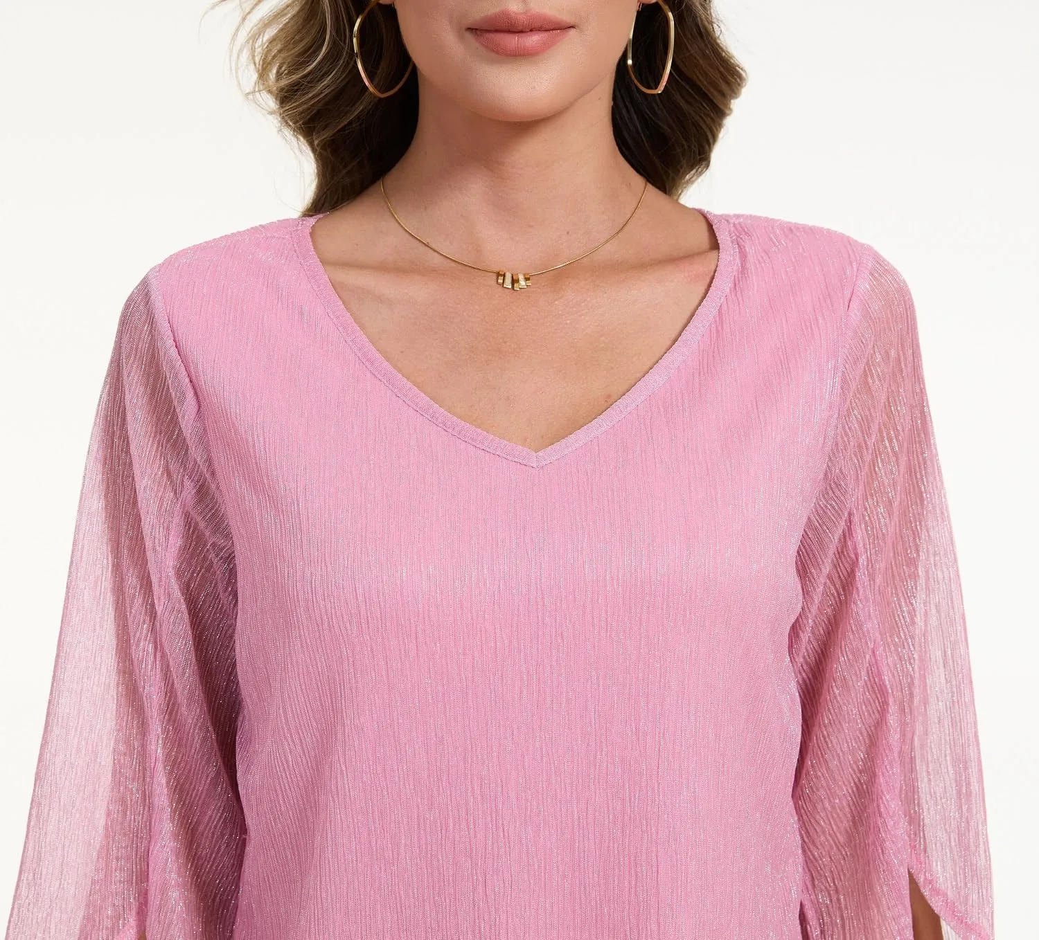Women's 3/4 Sleeve Glitter Blouses Dressy Sparkly Double Layers Mesh Tunic Tops