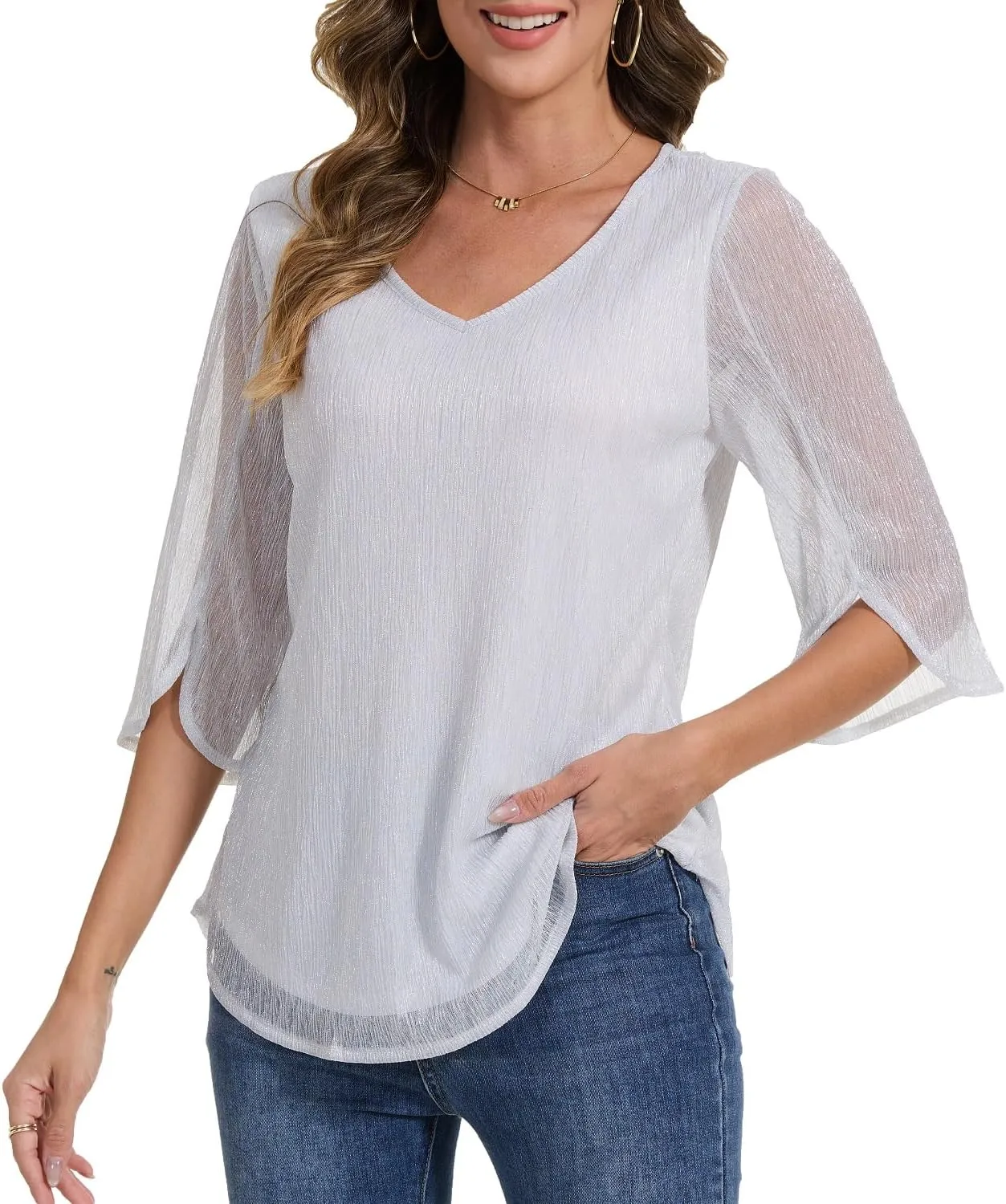 Women's 3/4 Sleeve Glitter Blouses Dressy Sparkly Double Layers Mesh Tunic Tops