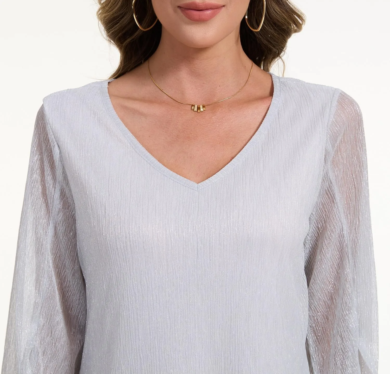 Women's 3/4 Sleeve Glitter Blouses Dressy Sparkly Double Layers Mesh Tunic Tops