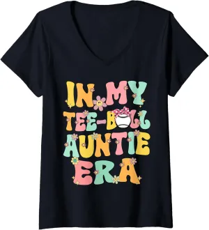 Womens In My Teeball Aunt Era Retro Groovy Tball Auntie Tee ball V-Neck T-Shirt