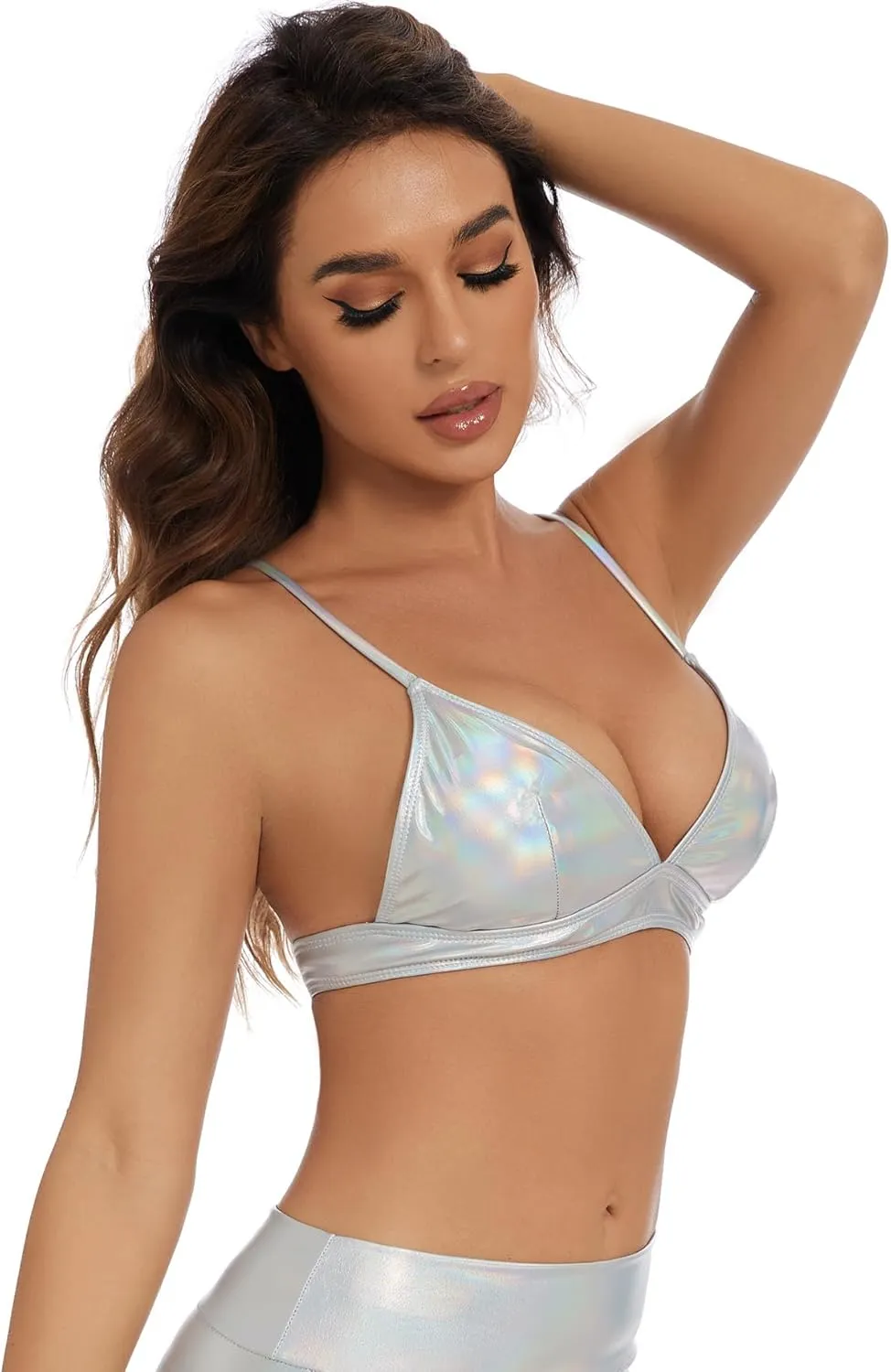 Women's Metallic Crop Tops Shiny Light-Support Rave Bra Swimsuit Top