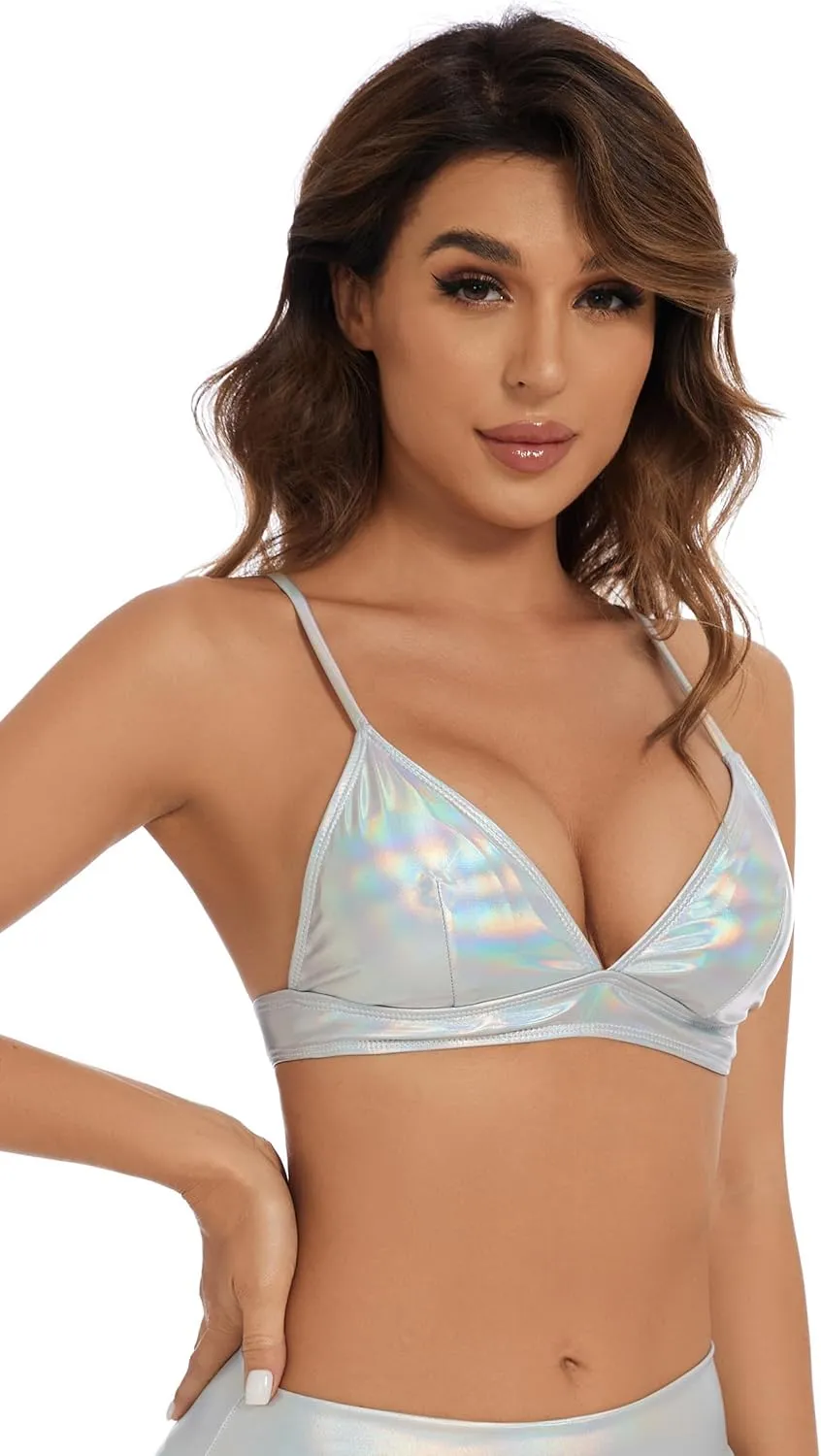 Women's Metallic Crop Tops Shiny Light-Support Rave Bra Swimsuit Top