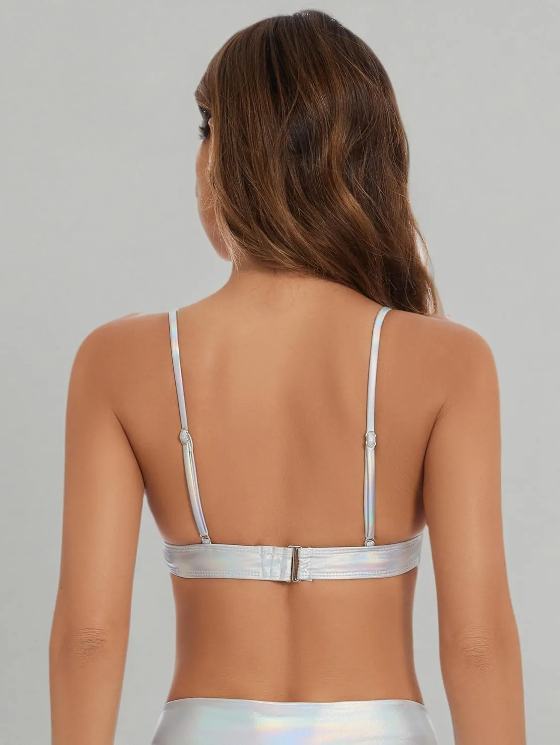 Women's Metallic Crop Tops Shiny Light-Support Rave Bra Swimsuit Top