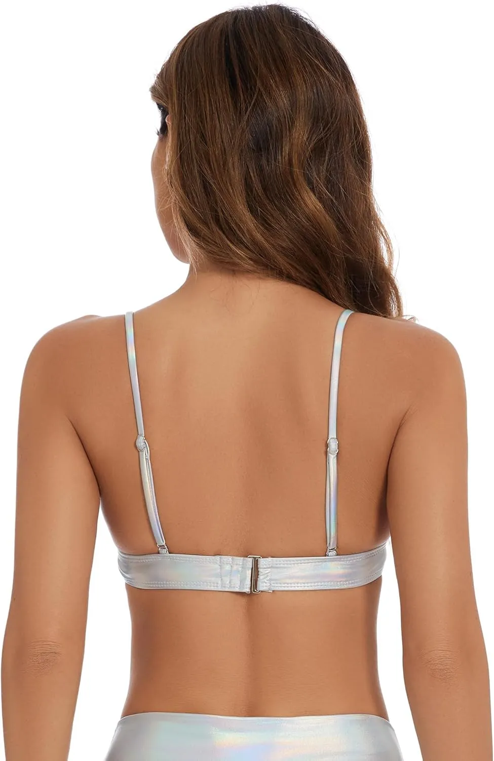 Women's Metallic Crop Tops Shiny Light-Support Rave Bra Swimsuit Top