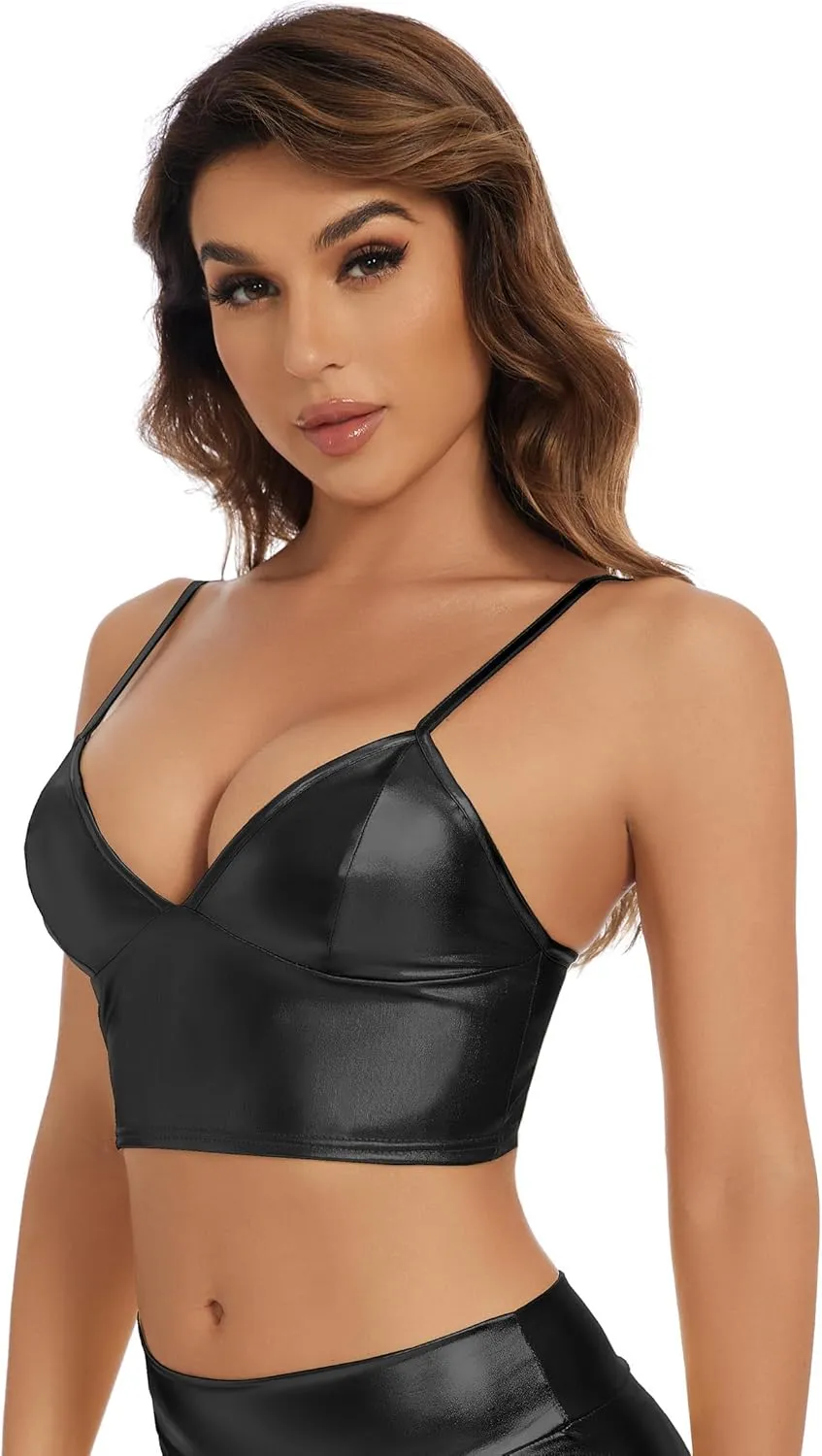 Women's Metallic Crop Tops Shiny V-Neck Tube Bra for Dancing, Raves, Festivals, Costumes