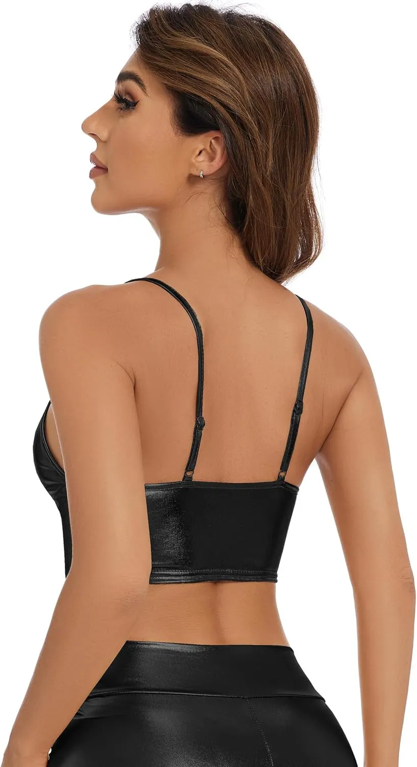 Women's Metallic Crop Tops Shiny V-Neck Tube Bra for Dancing, Raves, Festivals, Costumes