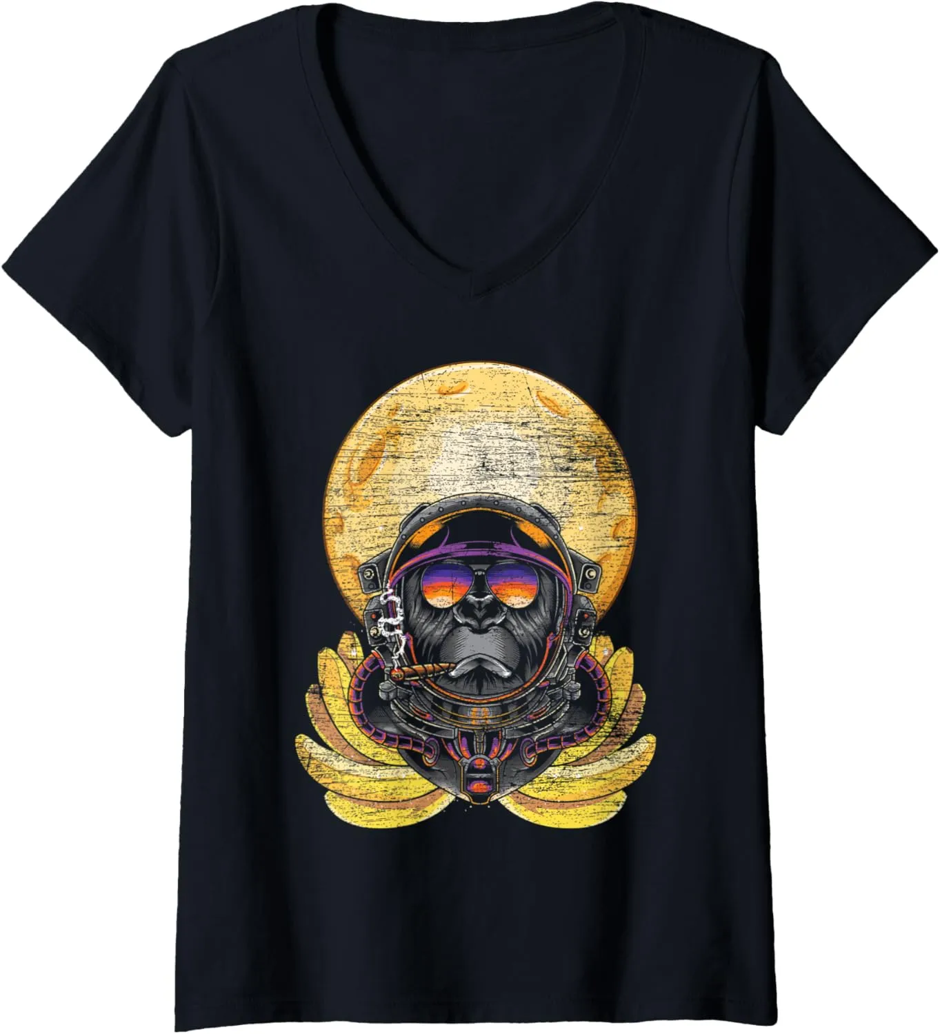 Womens Moon Outer Space Science Banana Smoking Monkey Astronaut V-Neck T-Shirt