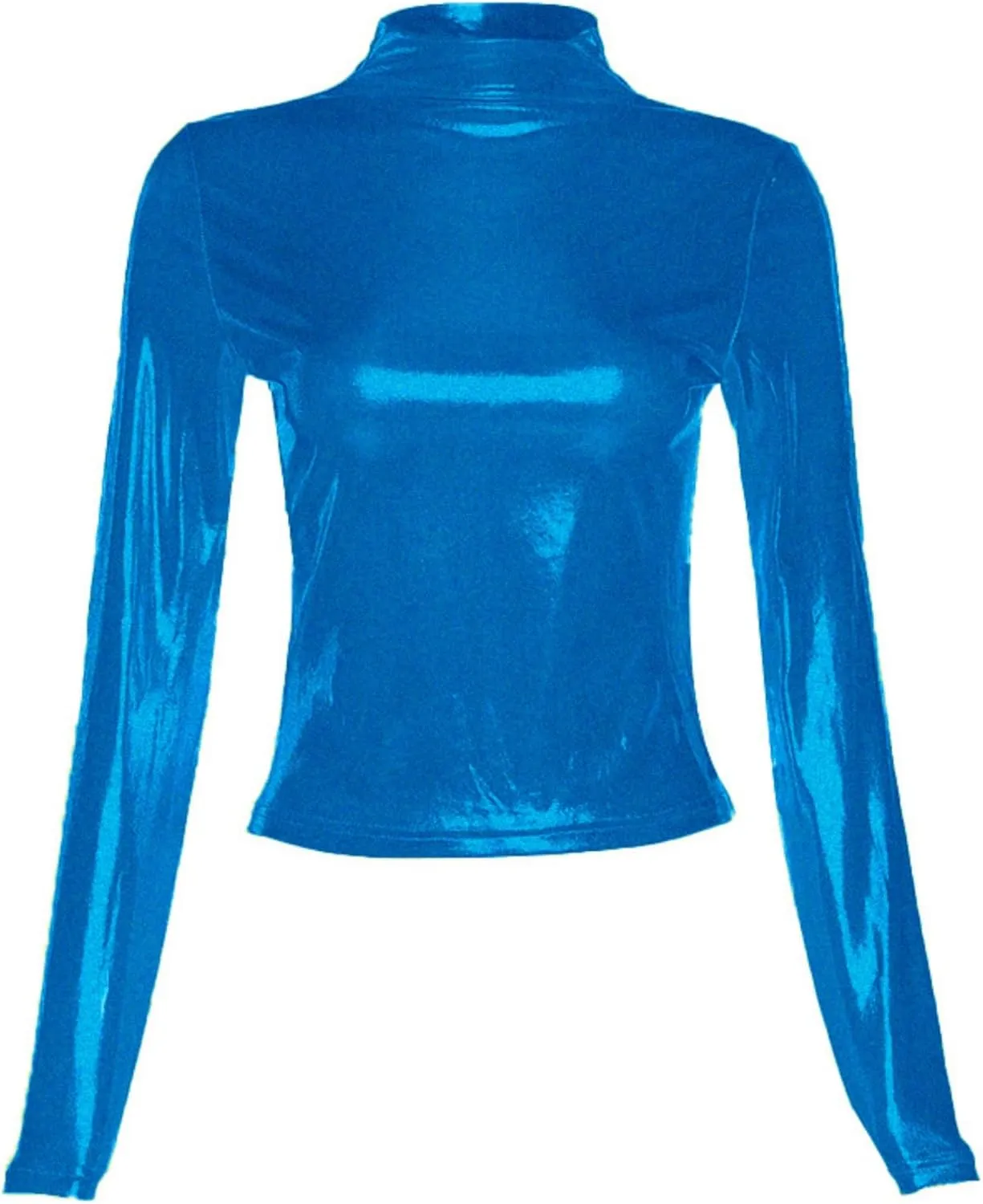 Women's Shiny Metallic Short Sleeve T Shirt Sexy Mock Neck Slim Crop Top Party Disco Club Tees