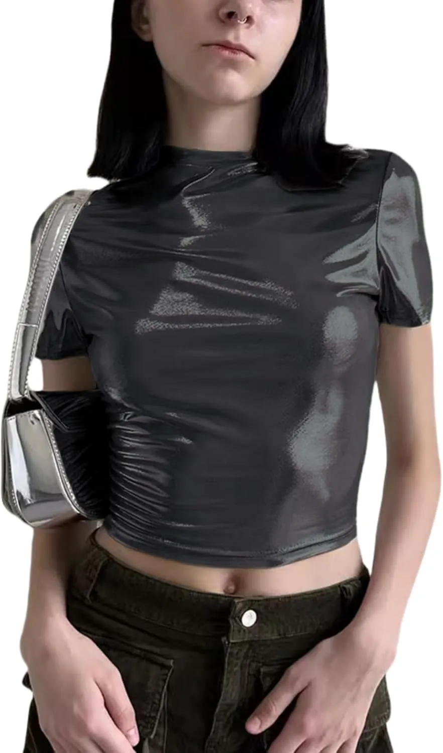 Women's Shiny Metallic Short Sleeve T Shirt Sexy Mock Neck Slim Crop Top Party Disco Club Tees