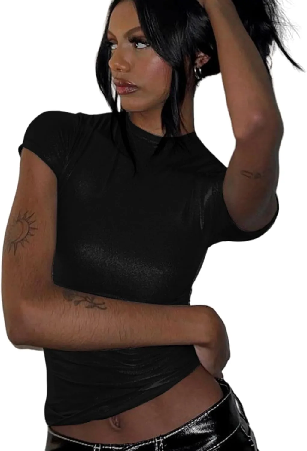 Women's Shiny Metallic Short Sleeve T Shirt Sexy Mock Neck Slim Crop Top Party Disco Club Tees