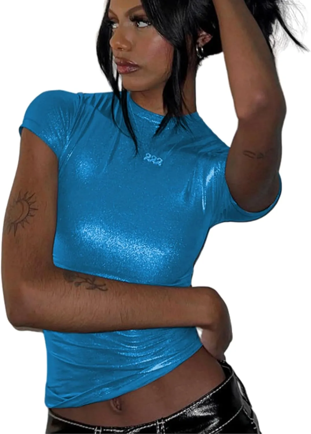 Women's Shiny Metallic Short Sleeve T Shirt Sexy Mock Neck Slim Crop Top Party Disco Club Tees