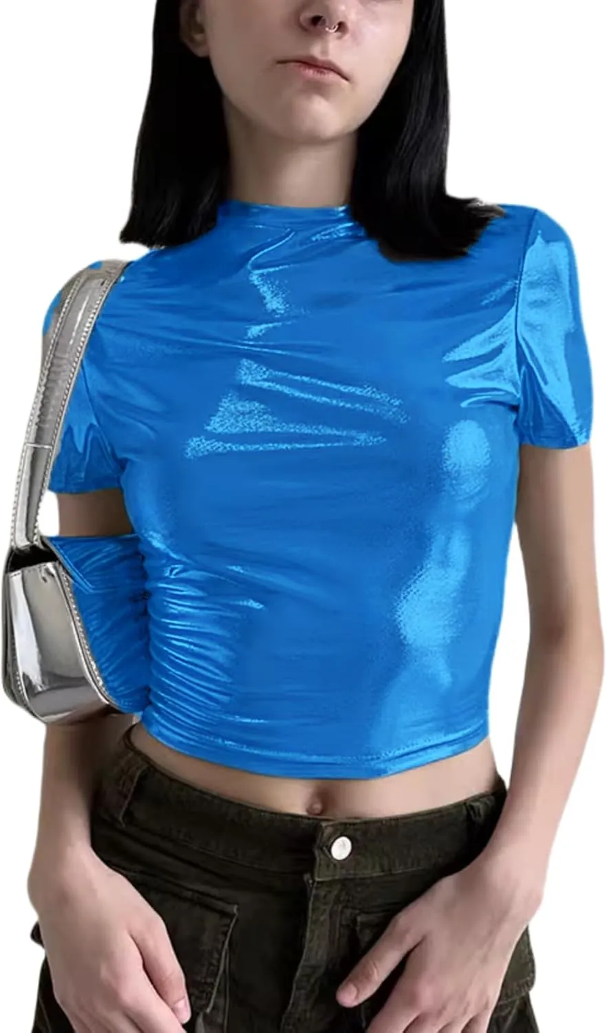 Women's Shiny Metallic Short Sleeve T Shirt Sexy Mock Neck Slim Crop Top Party Disco Club Tees