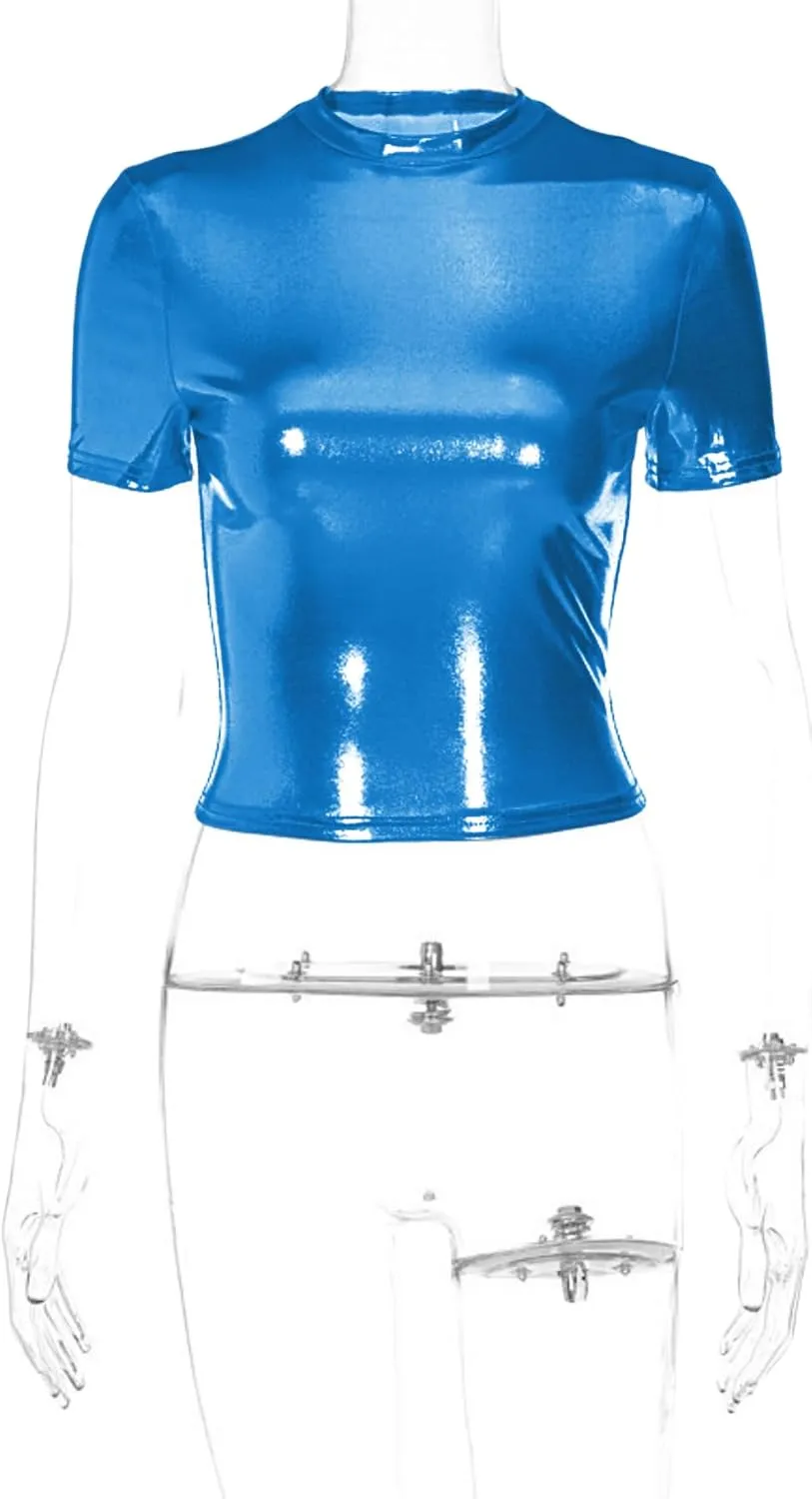 Women's Shiny Metallic Short Sleeve T Shirt Sexy Mock Neck Slim Crop Top Party Disco Club Tees