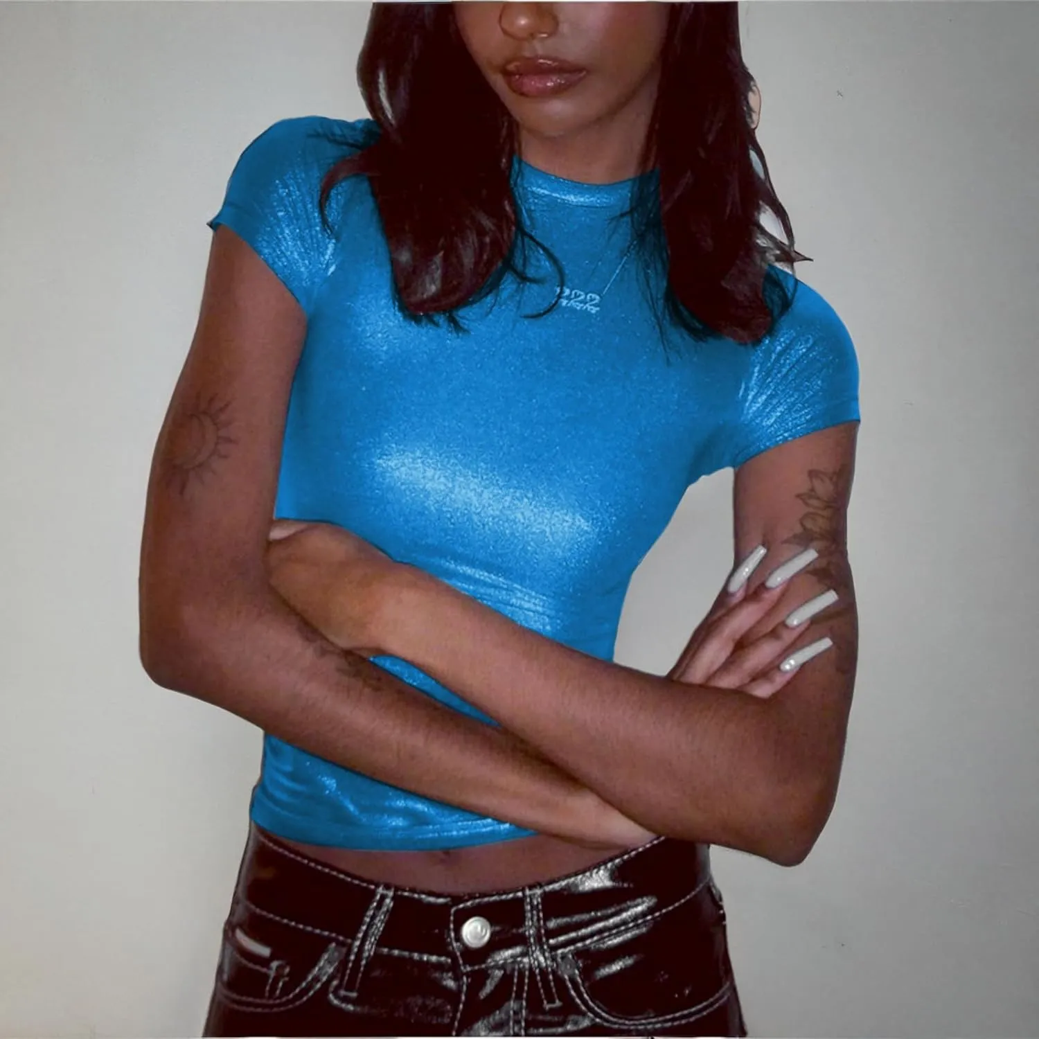 Women's Shiny Metallic Short Sleeve T Shirt Sexy Mock Neck Slim Crop Top Party Disco Club Tees