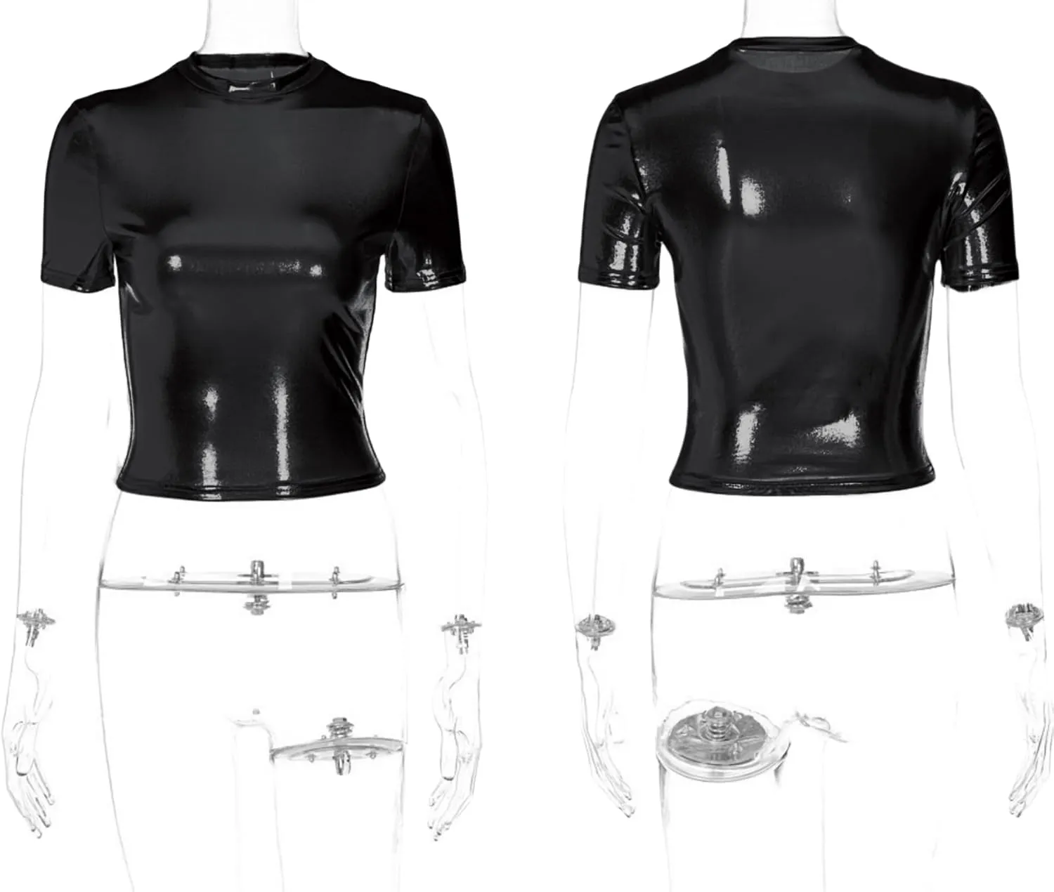 Women's Shiny Metallic Short Sleeve T Shirt Sexy Mock Neck Slim Crop Top Party Disco Club Tees