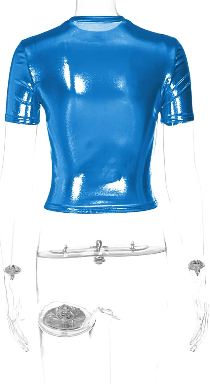 Women's Shiny Metallic Short Sleeve T Shirt Sexy Mock Neck Slim Crop Top Party Disco Club Tees