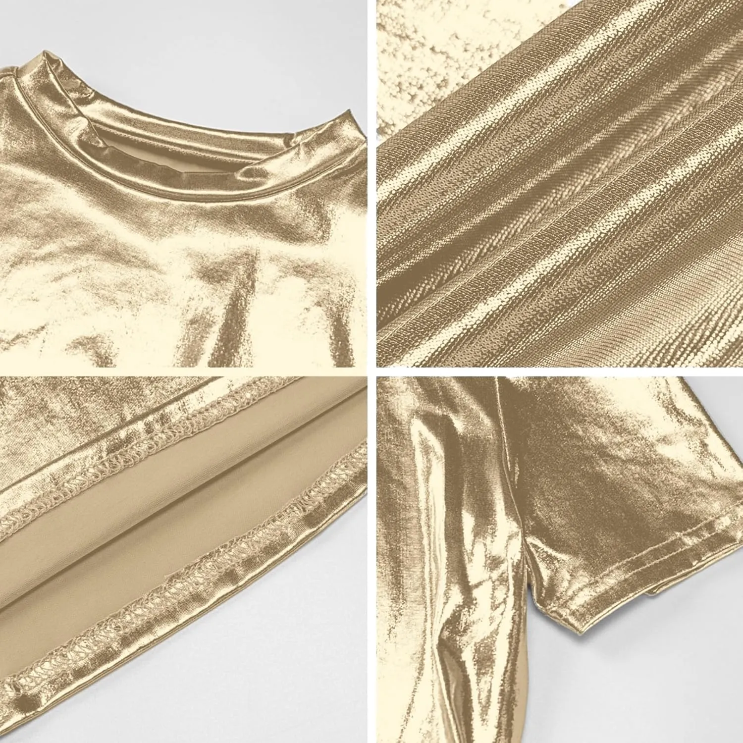 Women's Shiny Metallic Short Sleeve T Shirt Sexy Mock Neck Slim Crop Top Party Disco Club Tees