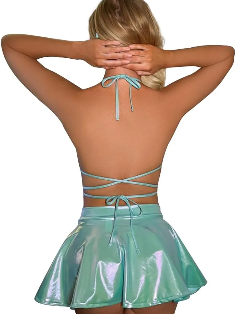 Women's Shiny Rave Outfits Holographic Halter Bra Top Mini Skirt 2Pcs Glitter Sequin Music Festival Party Clubwear