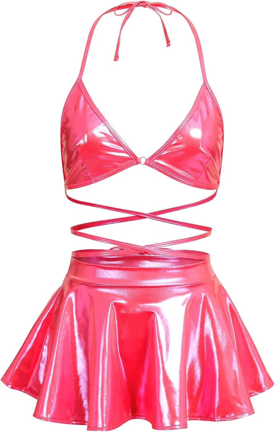 Women's Shiny Rave Outfits Holographic Halter Bra Top Mini Skirt 2Pcs Glitter Sequin Music Festival Party Clubwear