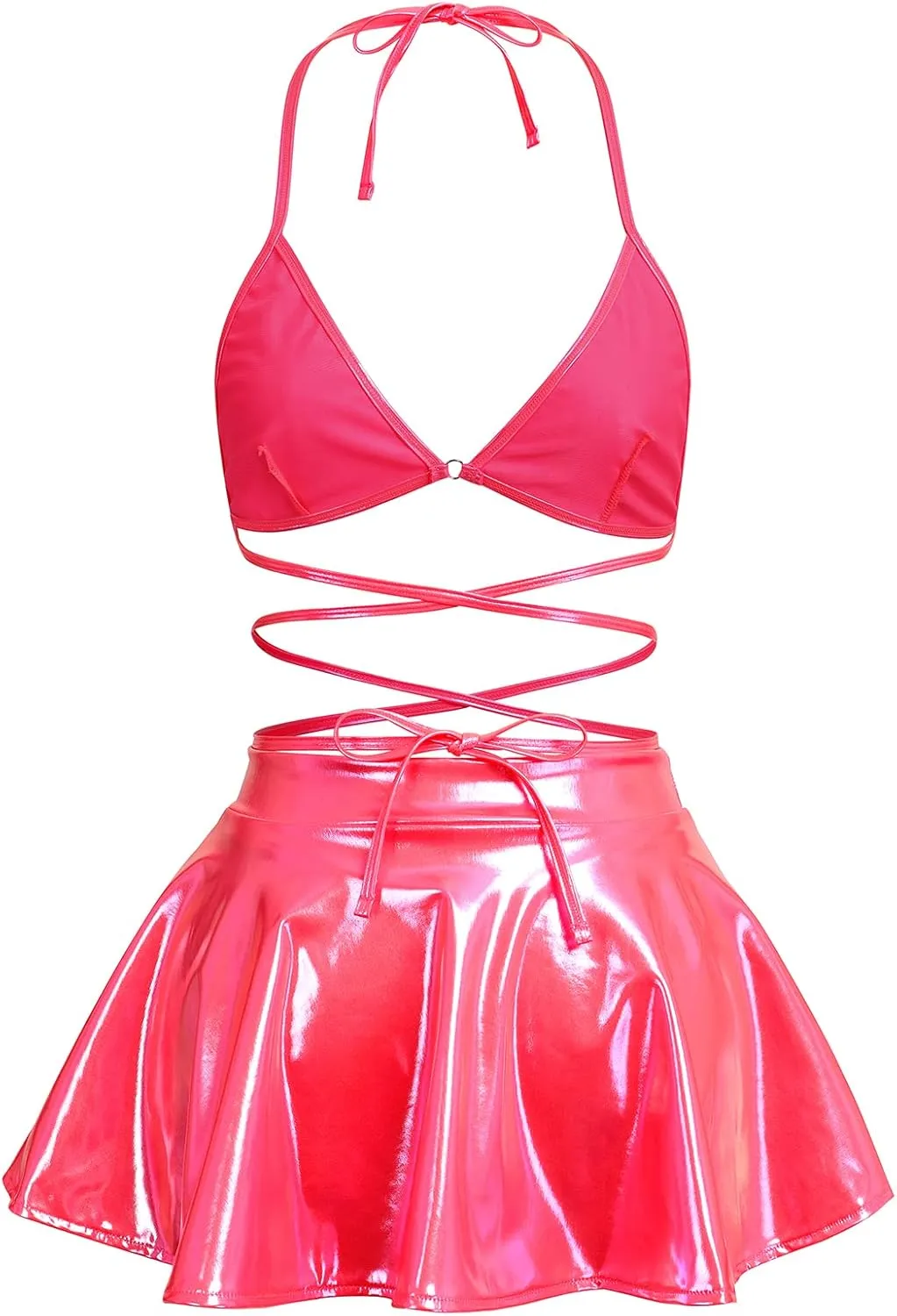 Women's Shiny Rave Outfits Holographic Halter Bra Top Mini Skirt 2Pcs Glitter Sequin Music Festival Party Clubwear