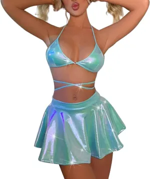 Women's Shiny Rave Outfits Holographic Halter Bra Top Mini Skirt 2Pcs Glitter Sequin Music Festival Party Clubwear