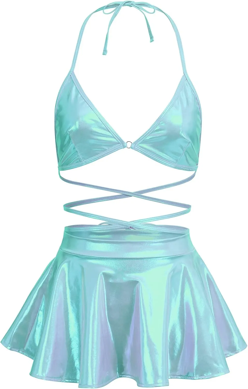 Women's Shiny Rave Outfits Holographic Halter Bra Top Mini Skirt 2Pcs Glitter Sequin Music Festival Party Clubwear