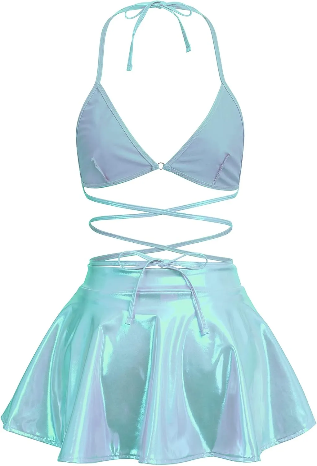 Women's Shiny Rave Outfits Holographic Halter Bra Top Mini Skirt 2Pcs Glitter Sequin Music Festival Party Clubwear