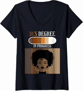 Womens Doctor of Computer Science DCS Degree In Progress Black Afro V-Neck T-Shirt
