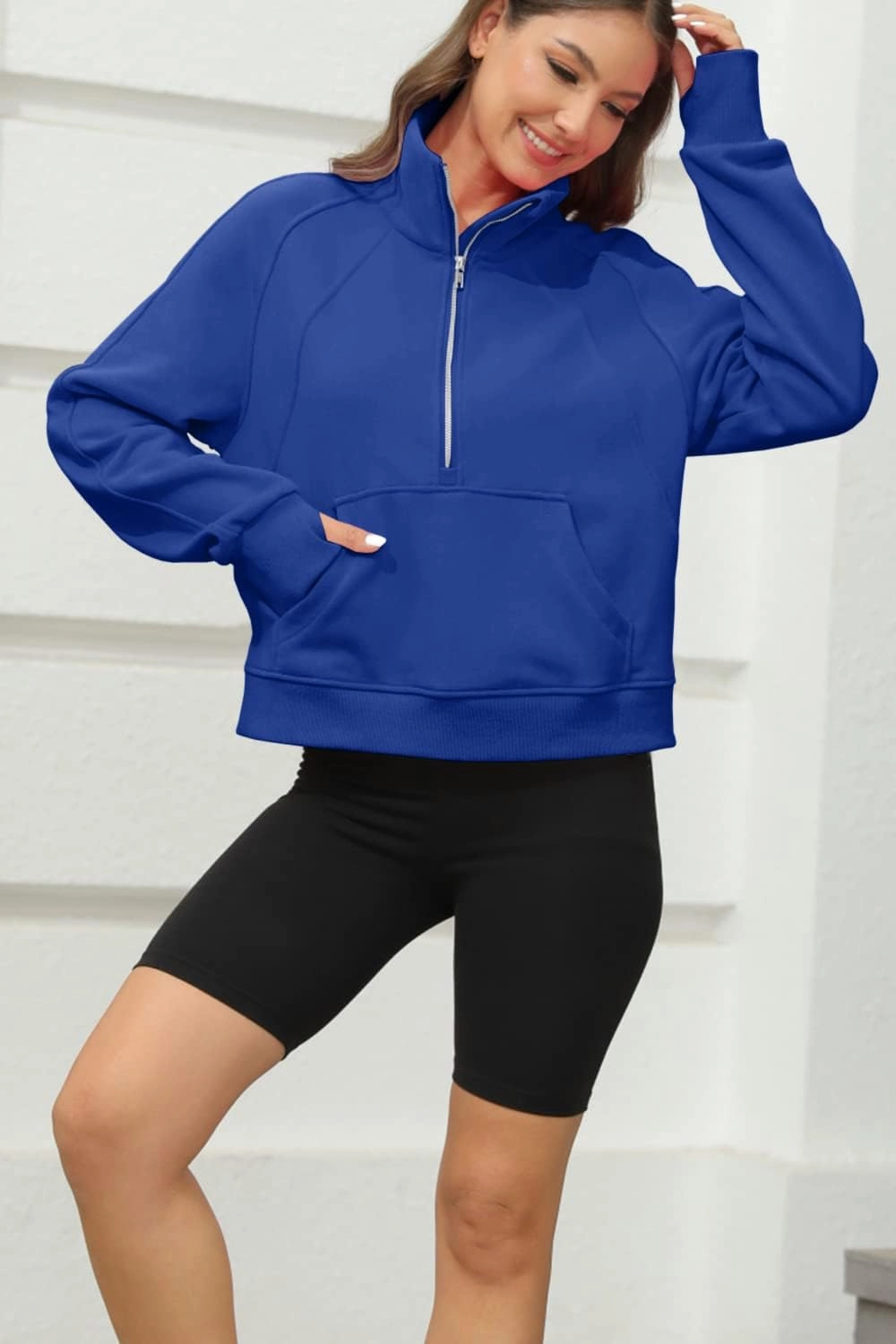 Womens Sweatshirts Half Zipper Crop Pullover Funnel Neck Fleece Lined Zip Up Long Sleeve Tops Thumb Hole