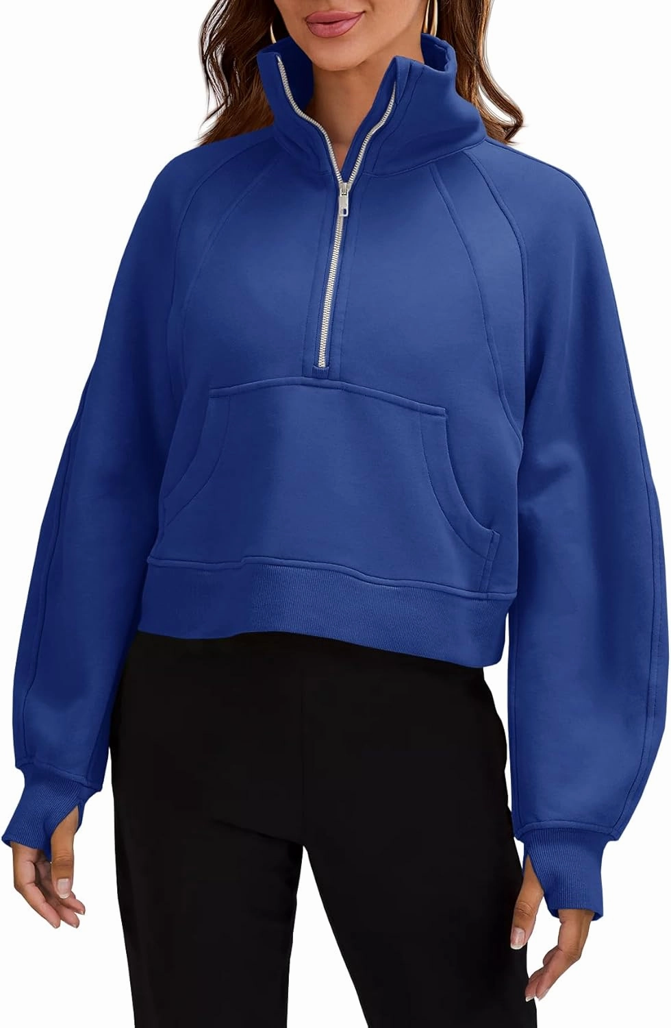 Womens Sweatshirts Half Zipper Crop Pullover Funnel Neck Fleece Lined Zip Up Long Sleeve Tops Thumb Hole