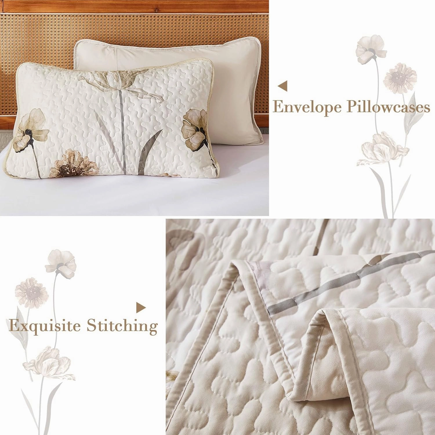 WONGS BEDDING Quilt Set King,Cute Floral Bedspread Coverlet Set,3 Pieces Brown Quilts Bed Cover,Lightweight Quilts Summer Flower Bedding Set for All Season(104"x90")