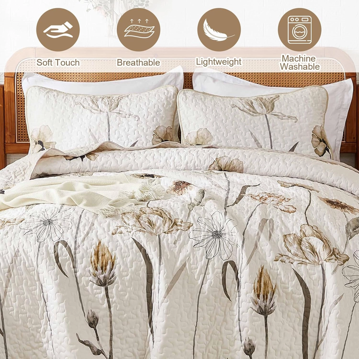 WONGS BEDDING Quilt Set King,Cute Floral Bedspread Coverlet Set,3 Pieces Brown Quilts Bed Cover,Lightweight Quilts Summer Flower Bedding Set for All Season(104"x90")