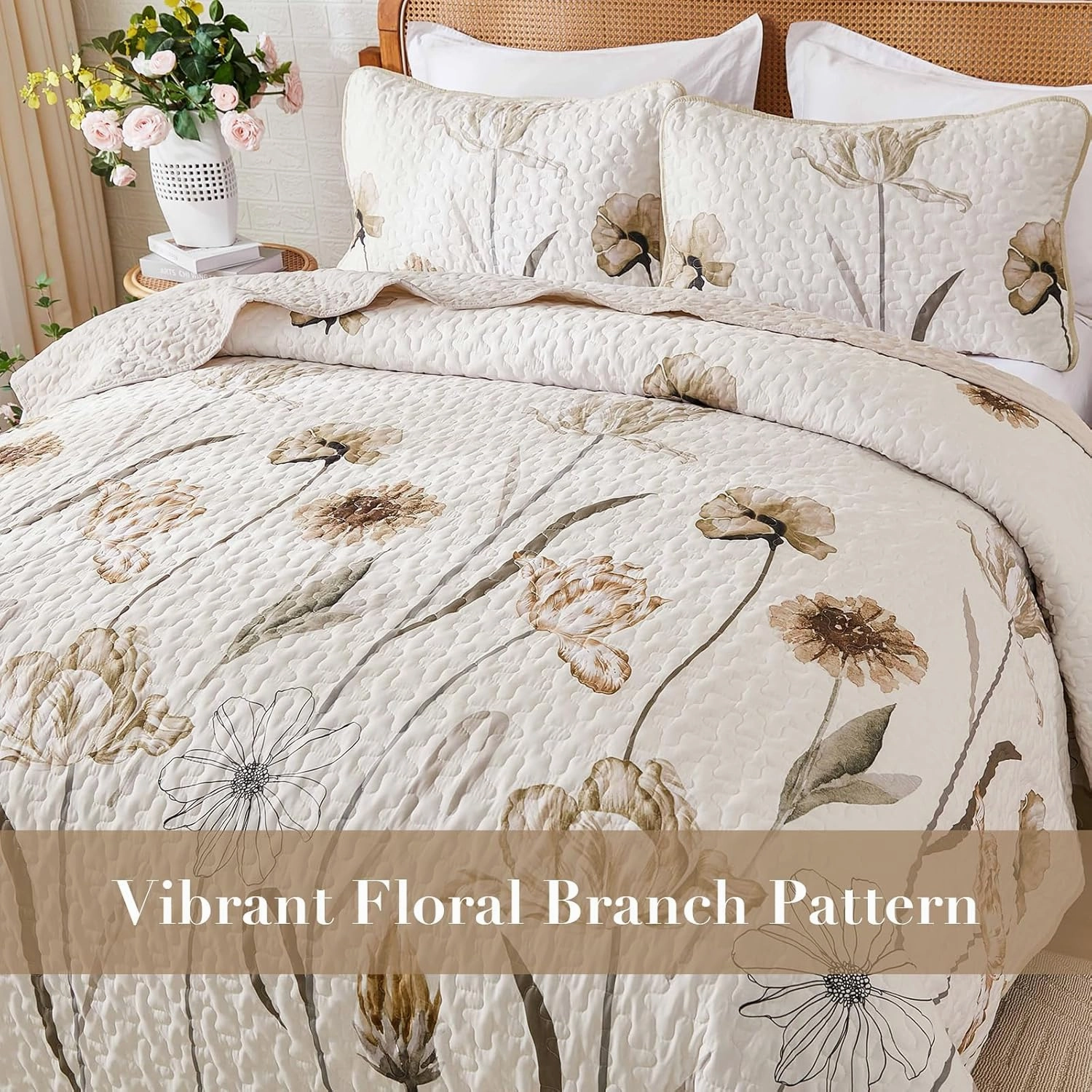 WONGS BEDDING Quilt Set King,Cute Floral Bedspread Coverlet Set,3 Pieces Brown Quilts Bed Cover,Lightweight Quilts Summer Flower Bedding Set for All Season(104"x90")