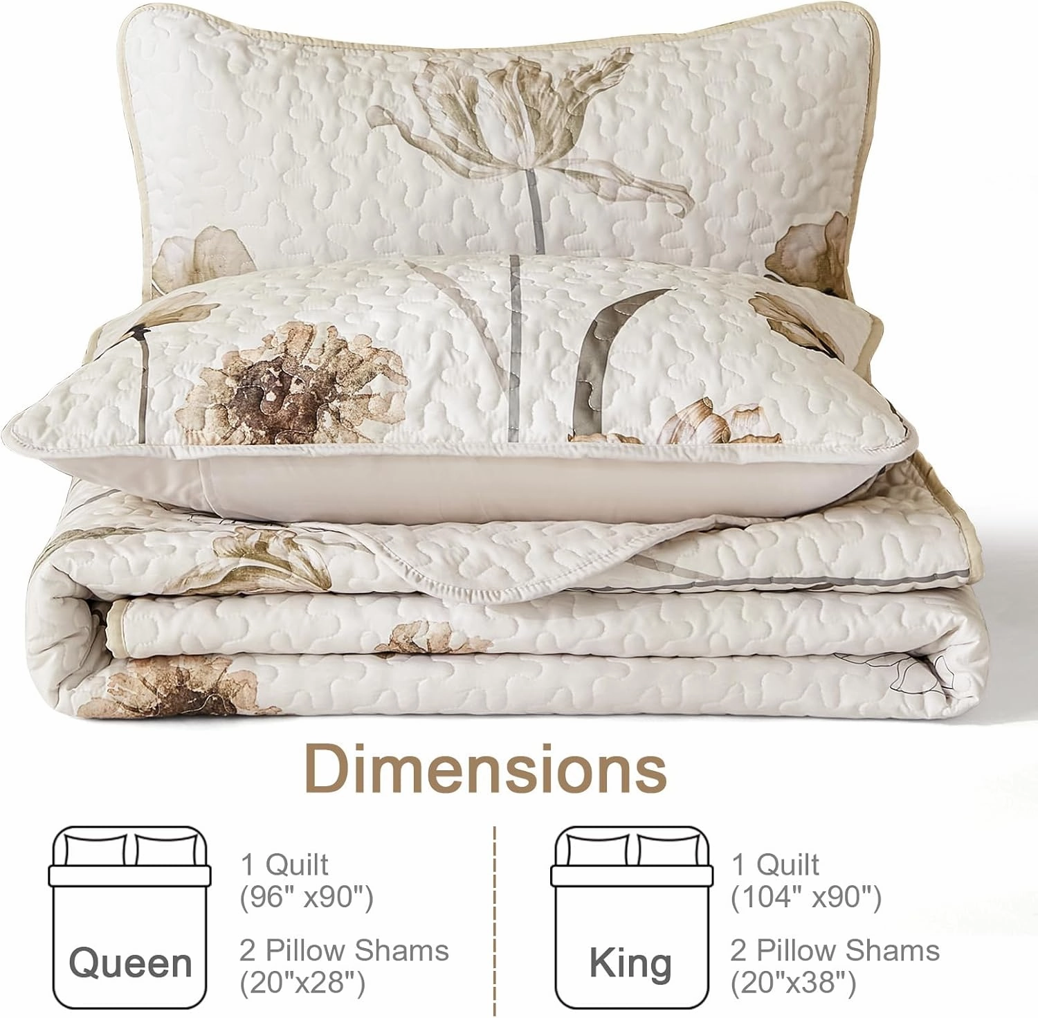 WONGS BEDDING Quilt Set King,Cute Floral Bedspread Coverlet Set,3 Pieces Brown Quilts Bed Cover,Lightweight Quilts Summer Flower Bedding Set for All Season(104"x90")