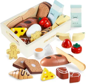 Wooden Bakery Toy Food Breakfast Set for Kids,Pretend Play Food Kitchen Accessories with Crates,Fake PlaySets Montessori Toys,Toddlers Cutting Food Gift for Boys and Girls Ages 3 