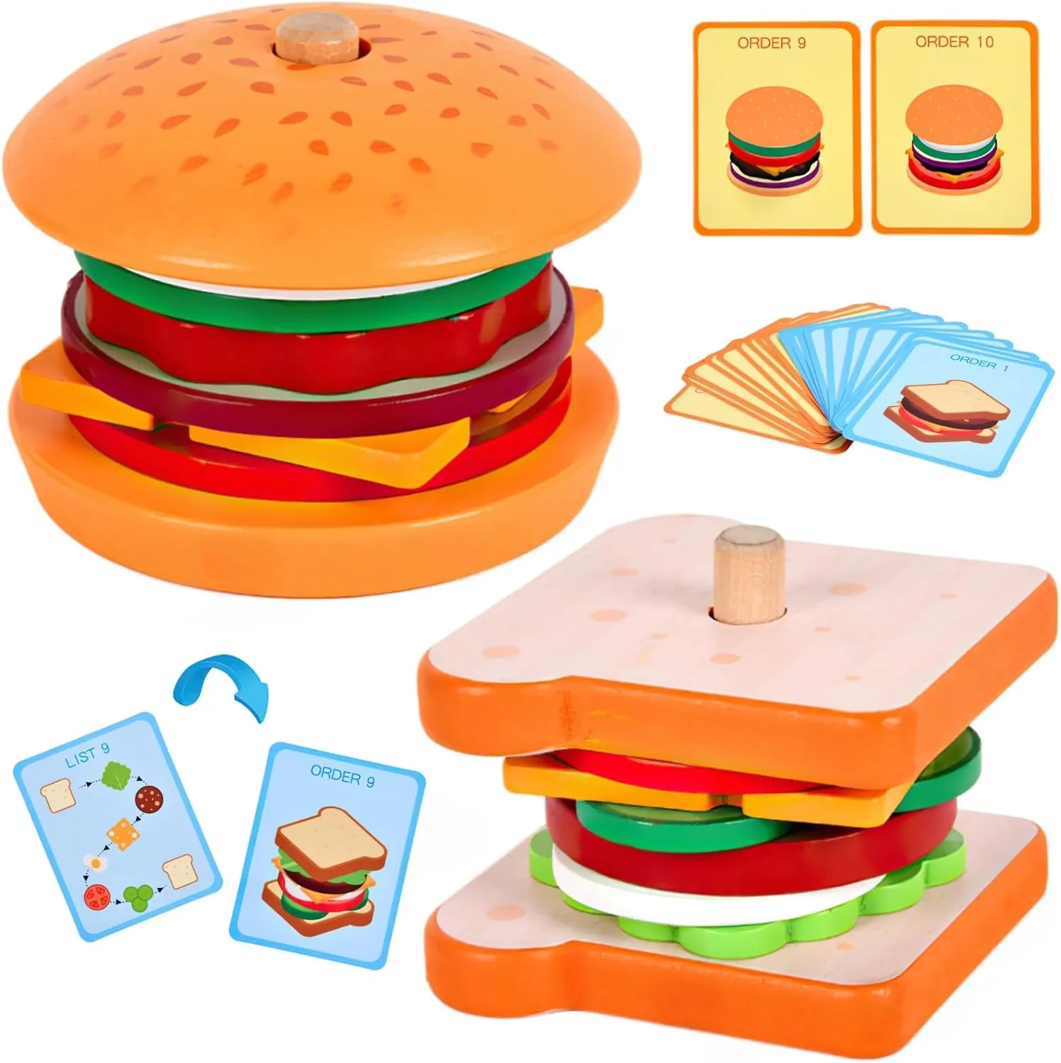 Wooden Burger Sandwich Stacking Toys for Kids, Montessori Toys for Toddlers & Preschoolers, Develops Fine Motor Skills