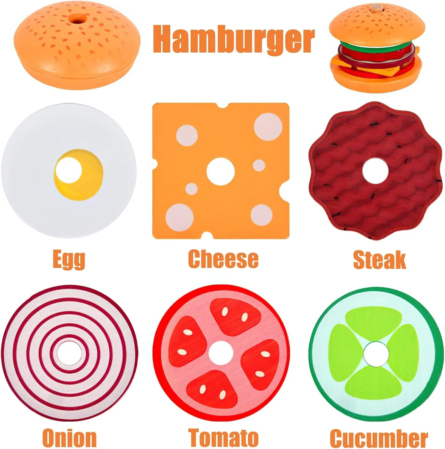 Wooden Burger Sandwich Stacking Toys for Kids, Montessori Toys for Toddlers & Preschoolers, Develops Fine Motor Skills