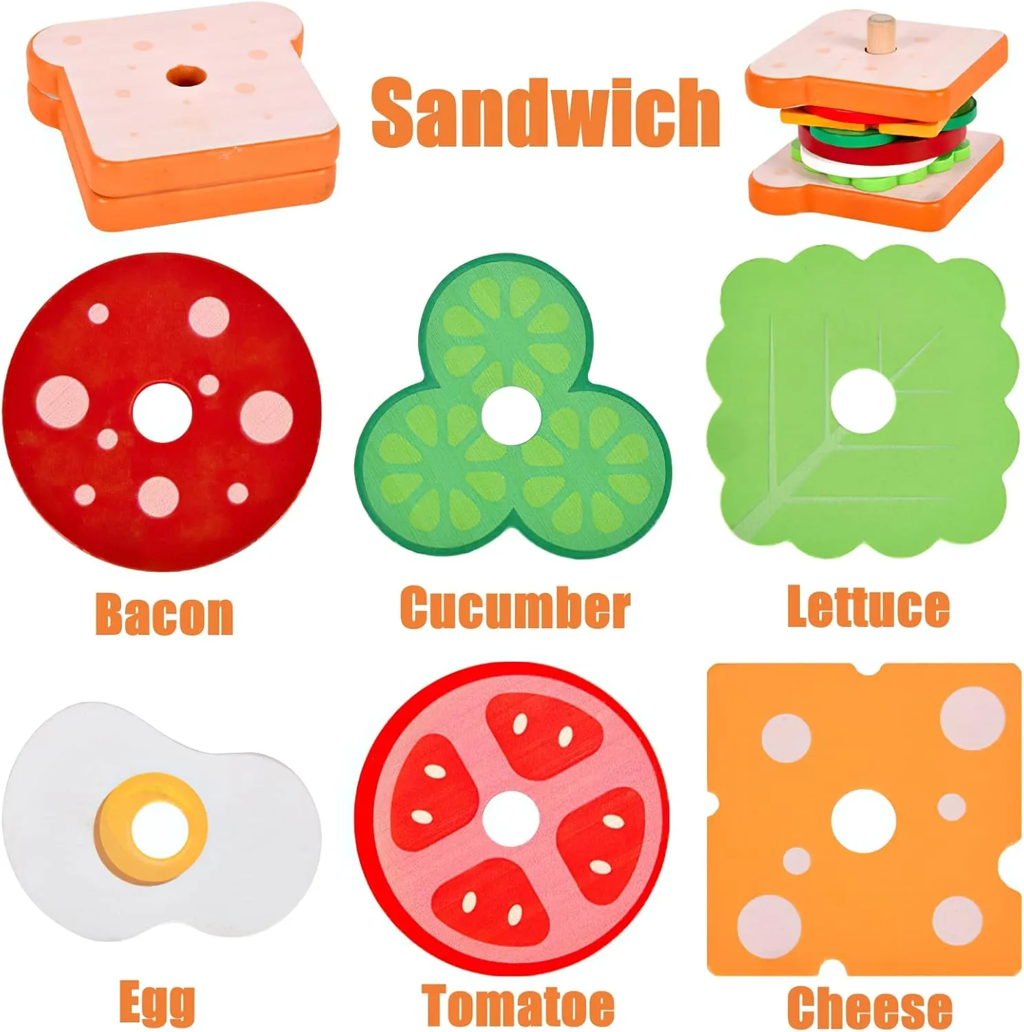 Wooden Burger Sandwich Stacking Toys for Kids, Montessori Toys for Toddlers & Preschoolers, Develops Fine Motor Skills