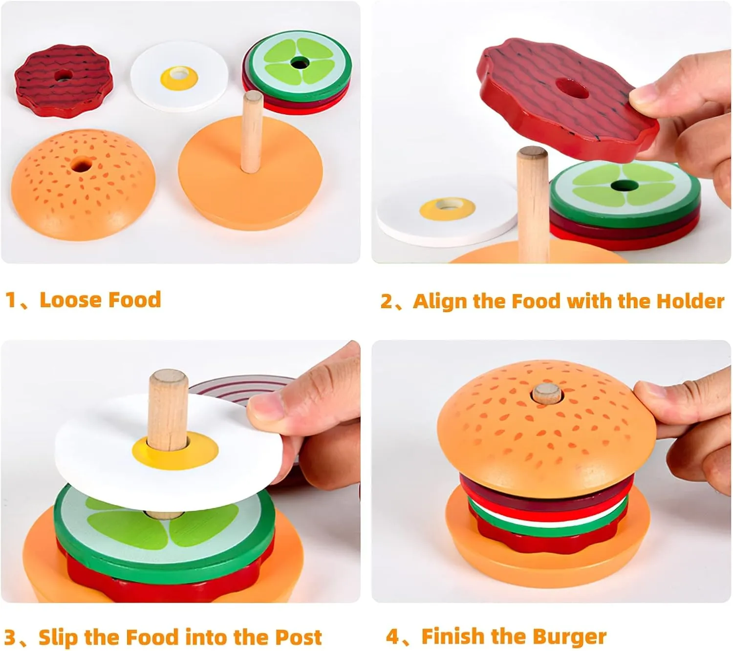 Wooden Burger Sandwich Stacking Toys for Kids, Montessori Toys for Toddlers & Preschoolers, Develops Fine Motor Skills