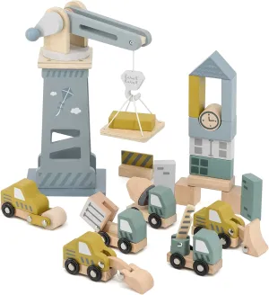 Wooden Construction Site Play Set - Pastel Blue & Green - 13 Building Blocks, Interactive Crane & Accessories, 6 Toy Vehicles, Kids 3 