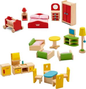 Wooden Dollhouse Furniture Set - 27 Piece Kit - Living Room, Bedroom and Kitchen Accessories, 100% Natural Wood, Nontoxic Paint, Smooth Edges