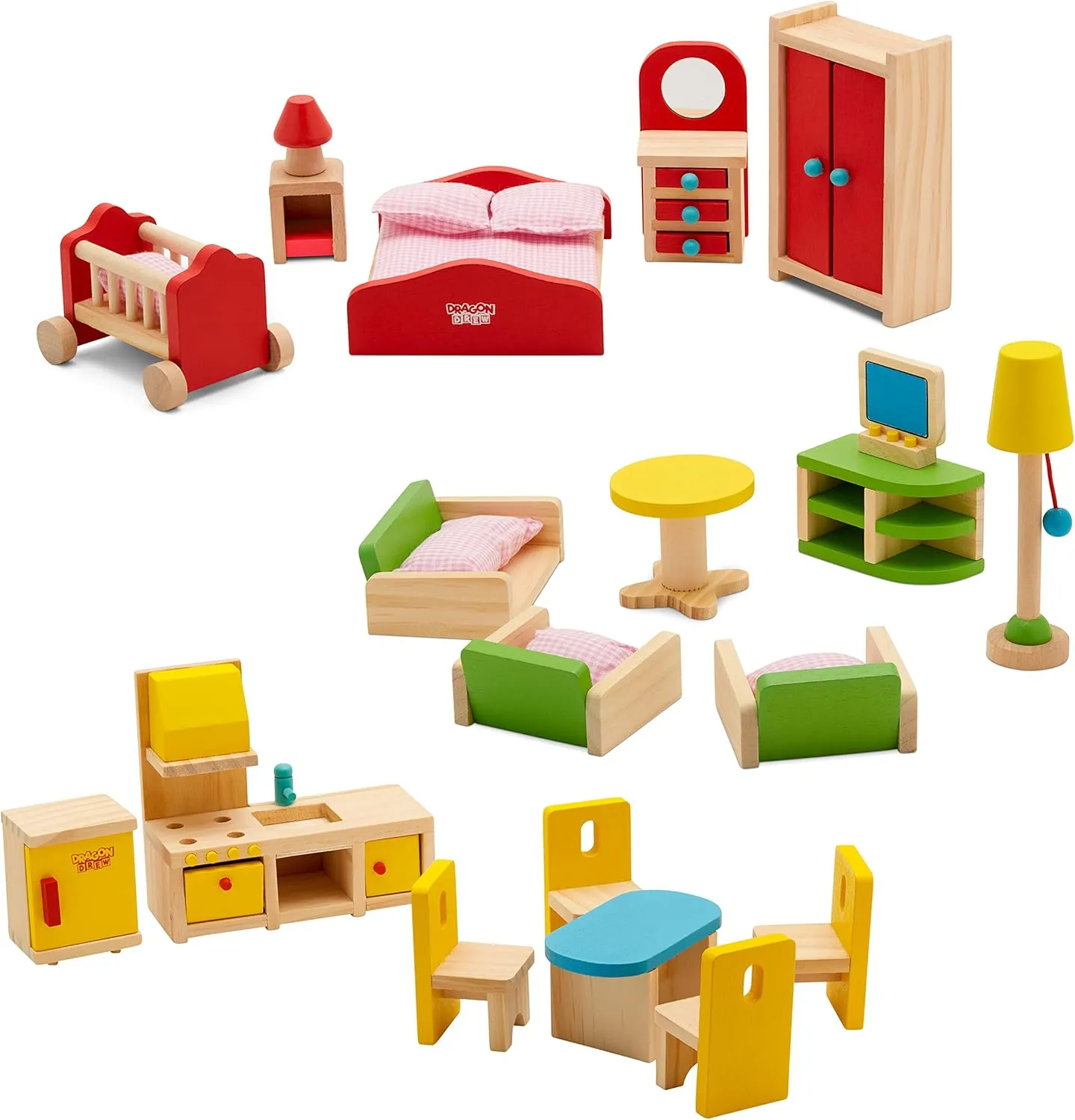 Wooden Dollhouse Furniture Set - 27 Piece Kit - Living Room, Bedroom and Kitchen Accessories, 100% Natural Wood, Nontoxic Paint, Smooth Edges