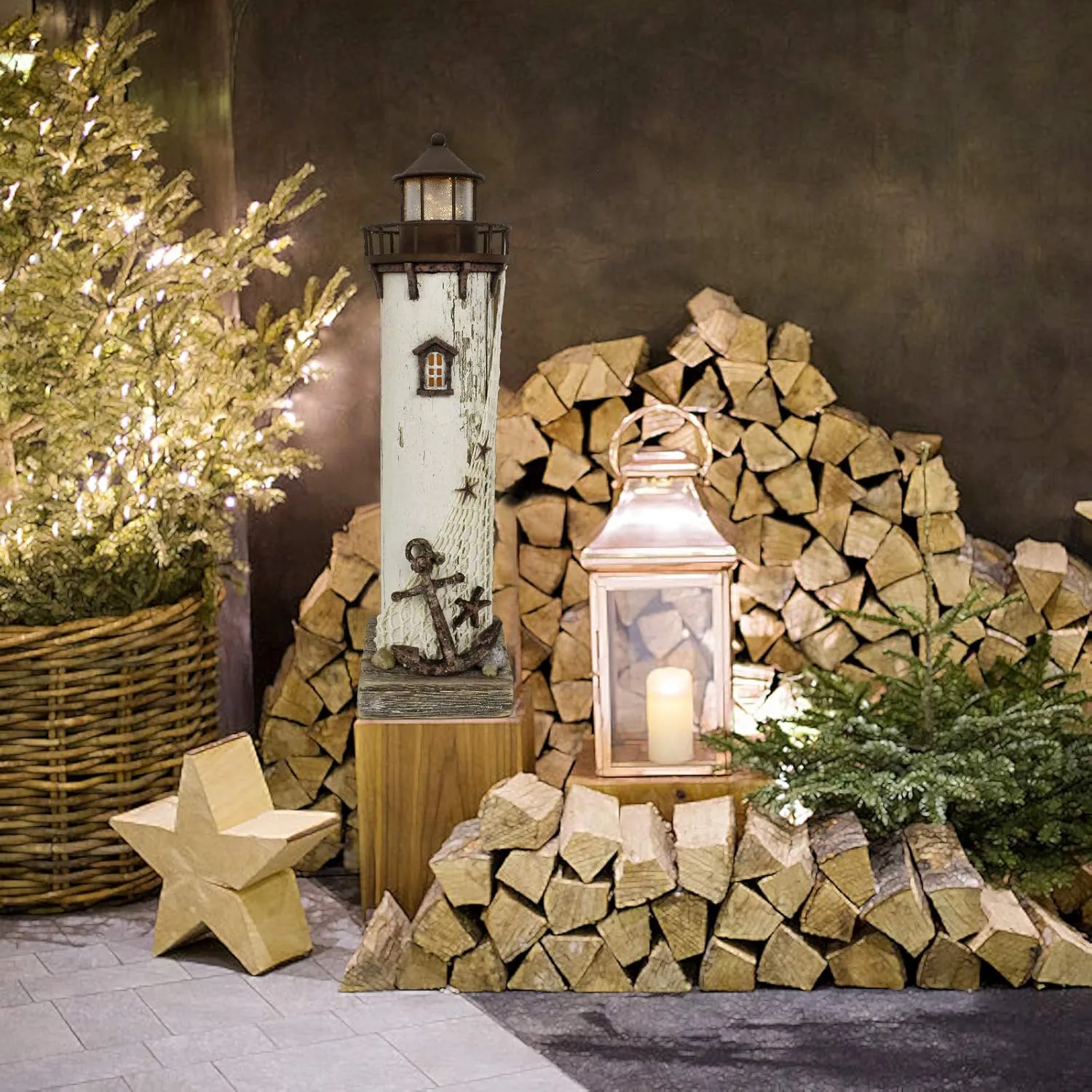 Wooden Lighthouse Decor with Light, Decorative Nautical Lighthouse Nightlight Rustic Ocean Sea Beach Themed Lighthouse Decoration