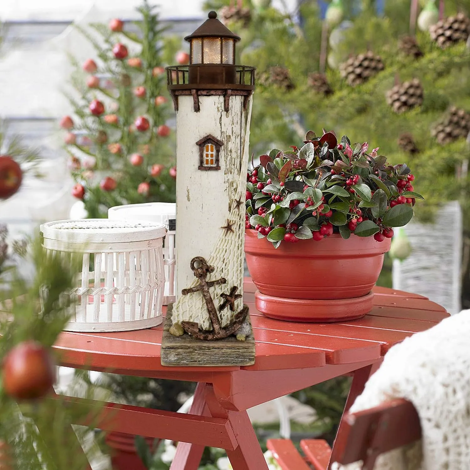 Wooden Lighthouse Decor with Light, Decorative Nautical Lighthouse Nightlight Rustic Ocean Sea Beach Themed Lighthouse Decoration
