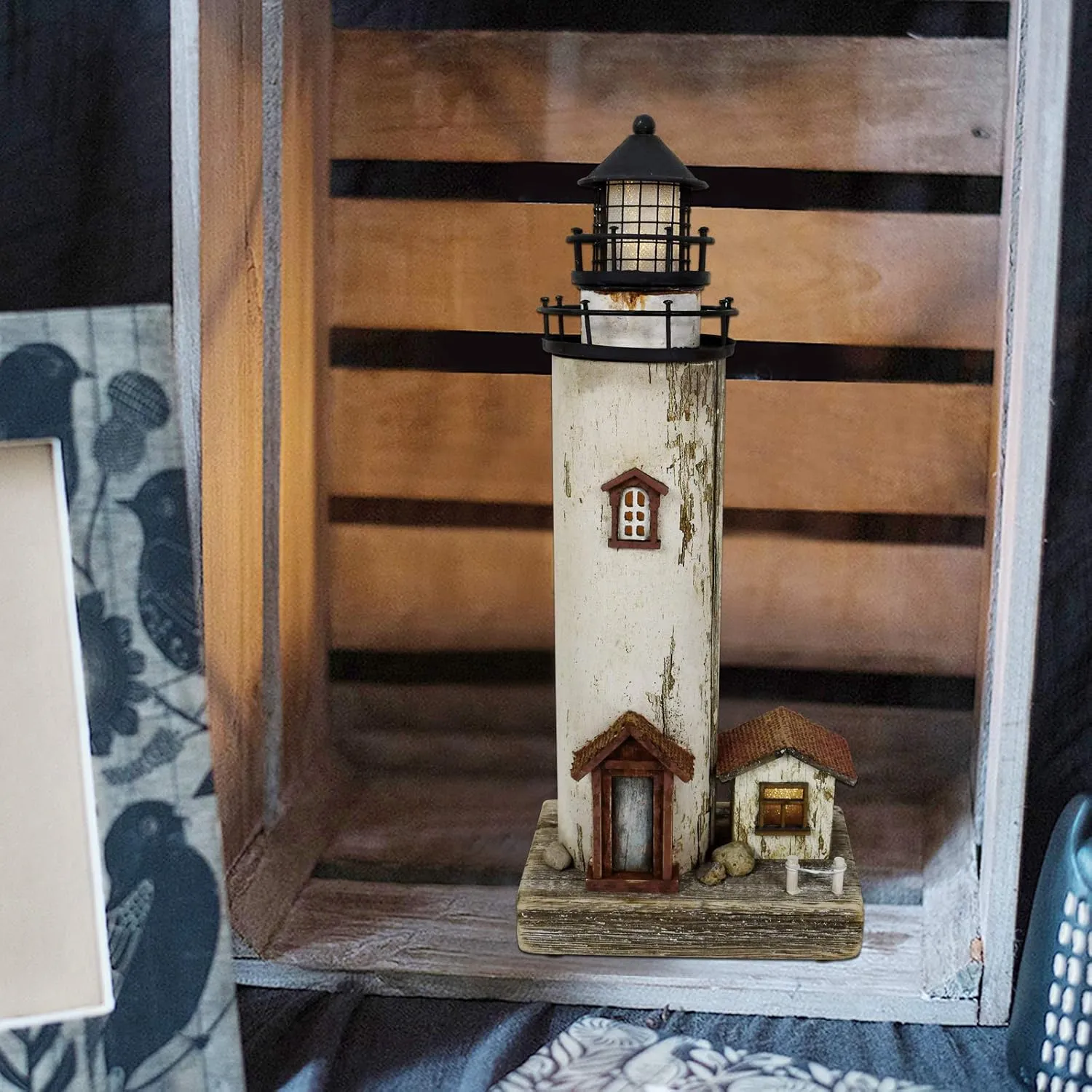 Wooden Lighthouse Decor with Light, Decorative Nautical Lighthouse Rustic Ocean Sea Beach Themed Lighthouse Decoration, Handcrafted Tabletop Nautical Themed Home Decor Bathroom Decor