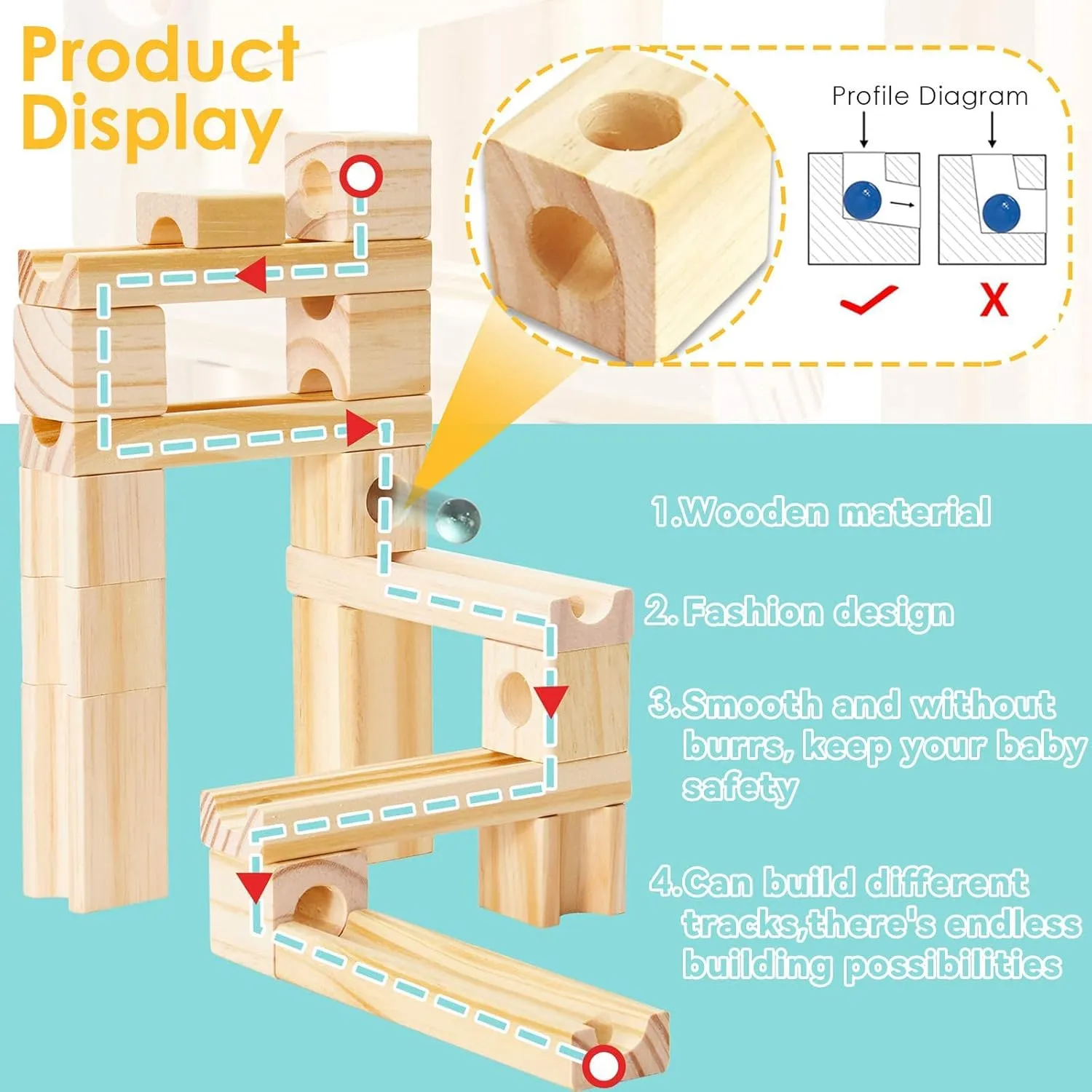 Wooden Marble Run for Kids Ages 4-8, 80 Pieces Wood Building Blocks Toys and Construction Play Set, Marble Track Maze Game STEM Learning Toys Gifts for Boys Girls (80pc Set)