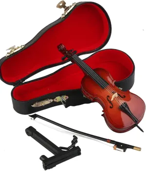 Wooden Miniature Cello with Stand, Bow and Case Mini Musical Instrument Cello Replica Collectible Figurines Dollhouse Accessories Model Home Decoration Display Ornament (5.51"x1.97"x0.63")