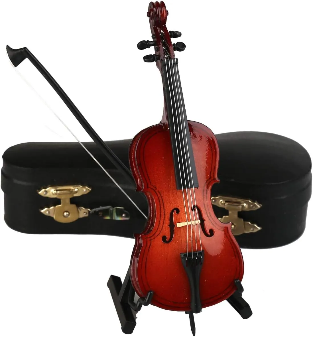 Wooden Miniature Cello with Stand, Bow and Case Mini Musical Instrument Cello Replica Collectible Figurines Dollhouse Accessories Model Home Decoration Display Ornament (5.51"x1.97"x0.63")