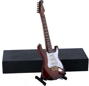 Wooden Miniature Electric Guitar with Stand and Case Mini Musical Instrument Electric Guitar Replica Collectible Figurines Model Home Decoration Display Ornament (Brown, 7.09"x2.27"x0.54")